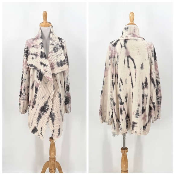 Cynthia Ashby Sweaters - CYNTHIA ASHBY Frank Tie Dye Cardigan Women Medium Cream Gray Open Front Sweater